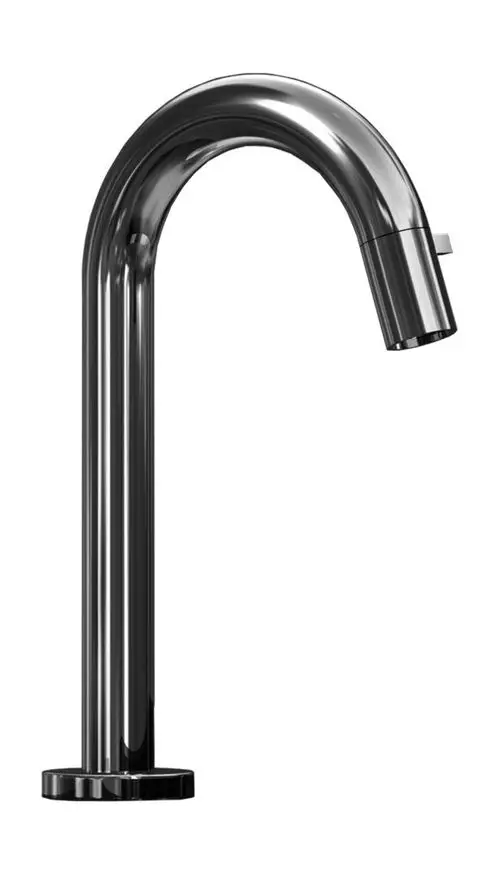 HANSANOVA Waschtischmischer mit gebogenem Auslauf und einem Zughebel zur Steuerung des Wasserflusses. Oberfläche in glänzendem Chrom.